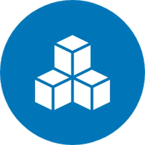 White icon of three cubes arranged in a triangular formation on a blue circular background.