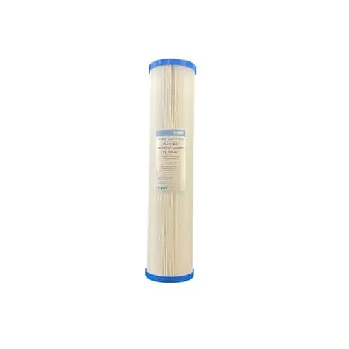 Cylindrical water filter cartridge with cream-colored pleated material and blue end caps