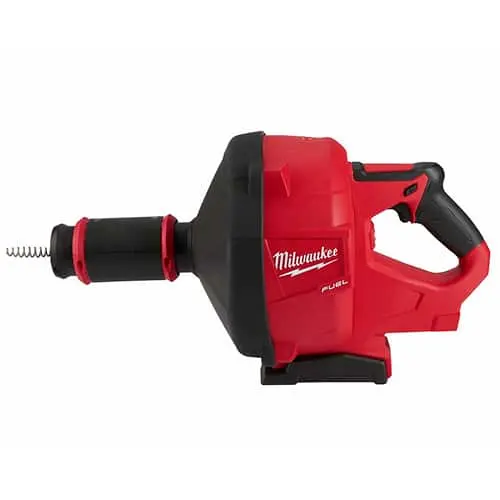 Red and black Milwaukee drain cleaning tool with spiral auger attachment and ergonomic handle.
