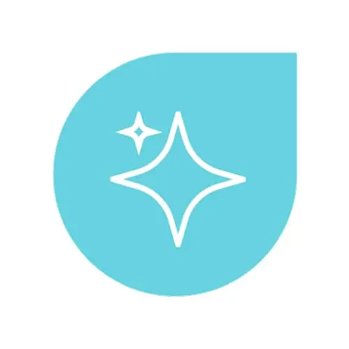 Turquoise teardrop-shaped icon with white sparkle or star symbol inside