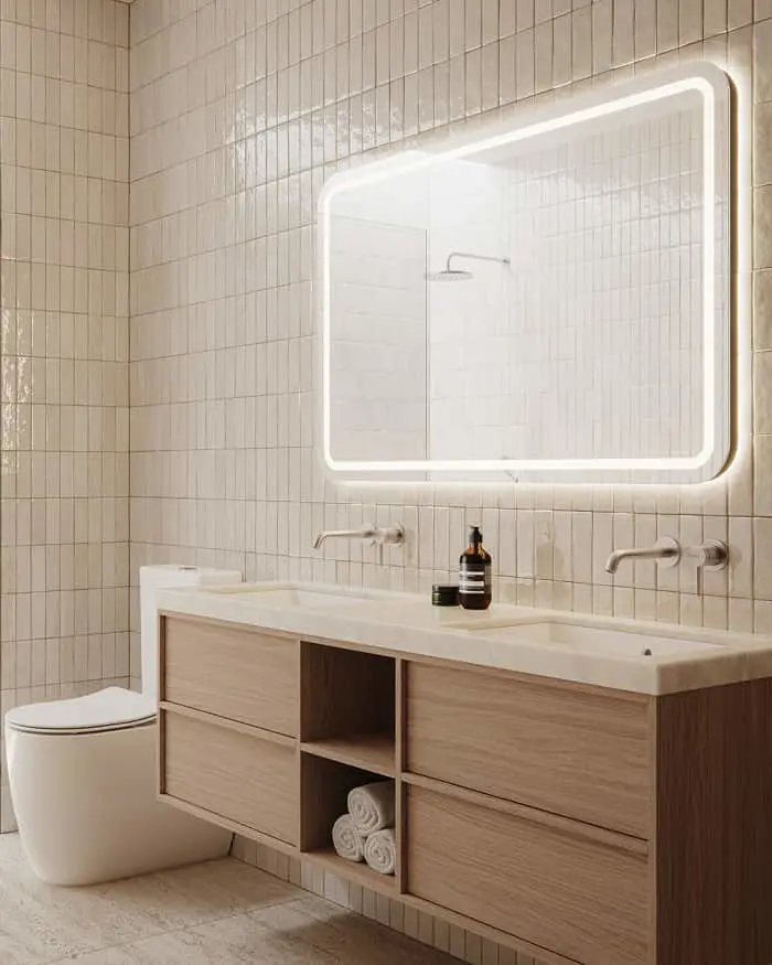 Modern bathroom with cream tiles, wooden vanity with double sinks, LED-lit mirror, and white toilet.