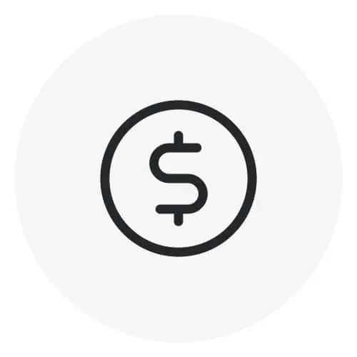 Dark gray coin icon with a dollar sign, centered on a light gray circular background.