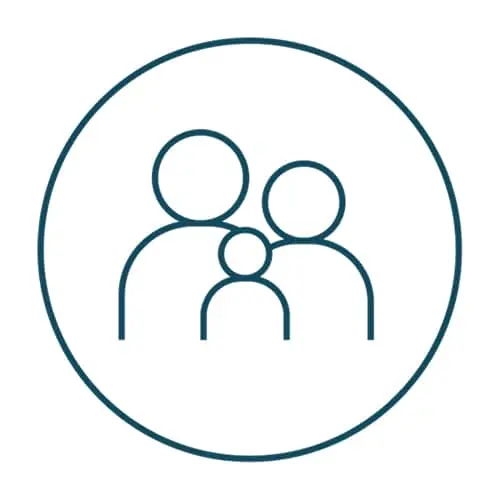 Simple line icon showing three people figures of different sizes inside a circle, representing a family or group.