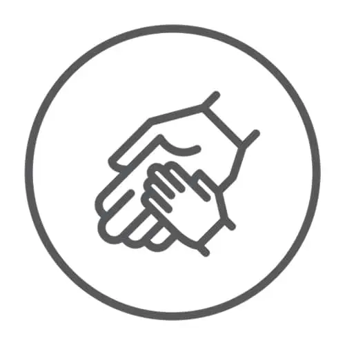 Simple gray line icon of two hands clasped together in a handshake or supportive gesture, inside a circle.