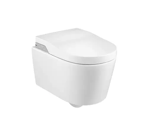 Roca In-Wash Inspira wall-mounted smart toilet with sleek design and electronic control panel on the side.