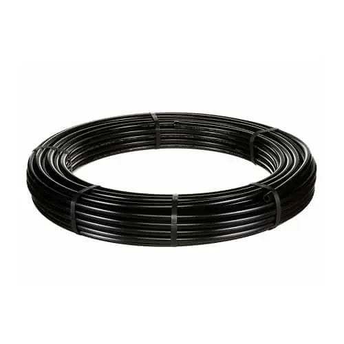 Coiled black pipe secured with straps, arranged in a circular bundle against white background.