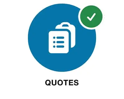 Blue circular icon with document symbol and green checkmark, labeled "QUOTES" underneath.