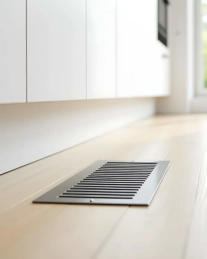 Metal floor vent on light wooden flooring beneath white kitchen cabinets in a minimalist interior.
