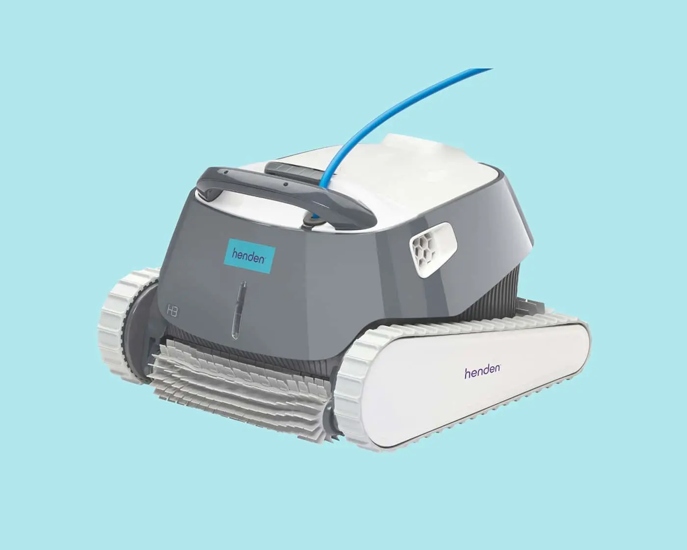 Gray and white Henden robotic pool cleaner with treads and blue cable against light blue background.