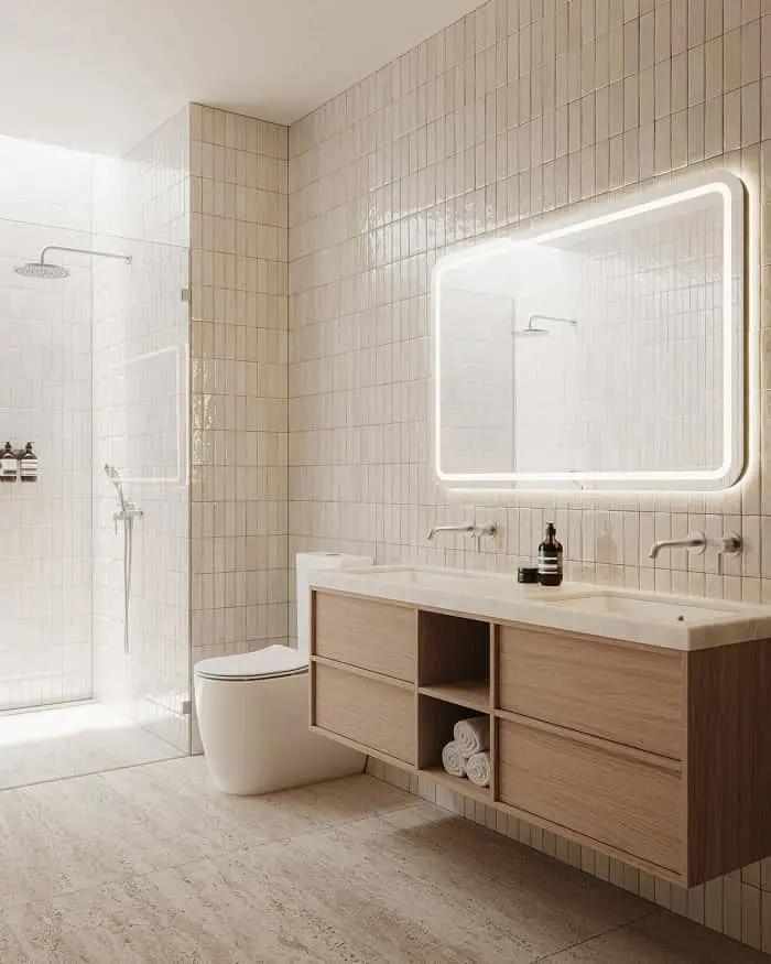 Modern bathroom with cream tiles, floating wooden vanity, illuminated mirror, white toilet, and glass shower enclosure.