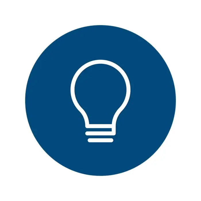 White lightbulb icon on a circular blue background, representing ideas or innovation.