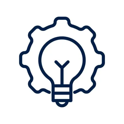 Dark blue outline icon of a light bulb inside a gear, representing innovation or technical solutions.