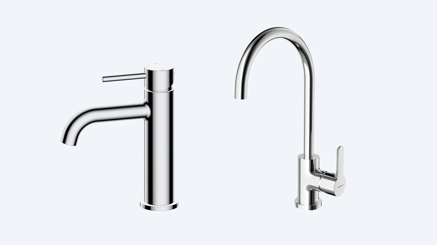 Two modern chrome faucets: a cylindrical bathroom tap with lever handle on left and a high-arc kitchen faucet on right.