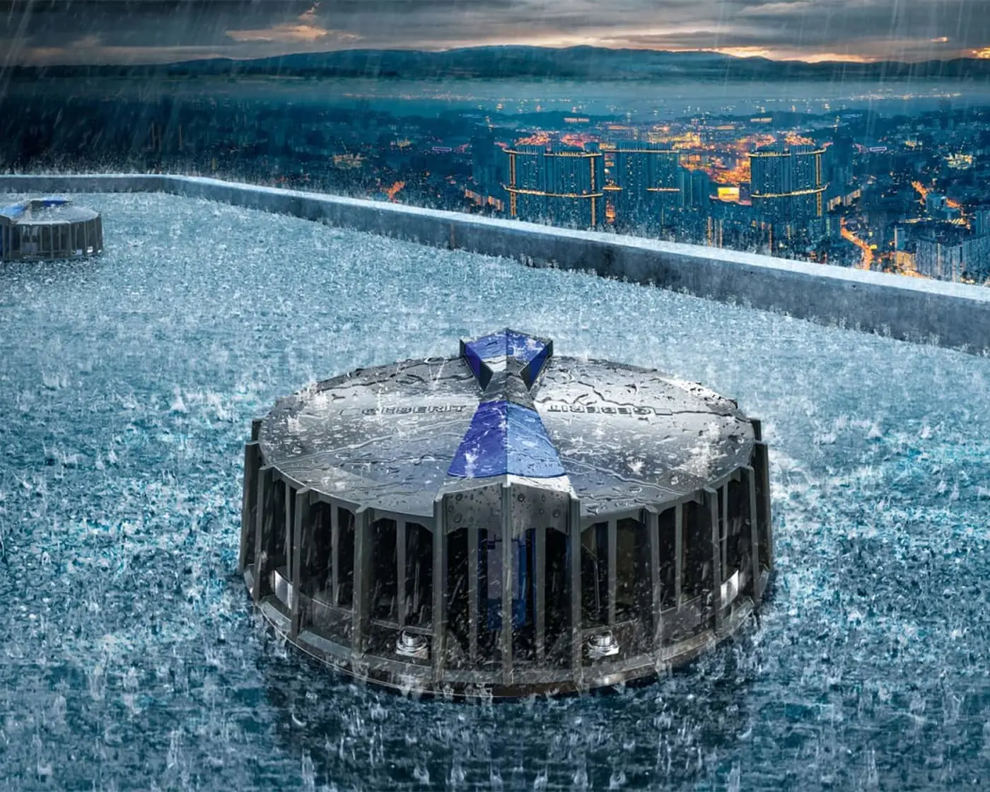 Rain falling on a rooftop with a circular drain feature, overlooking a city skyline at dusk.