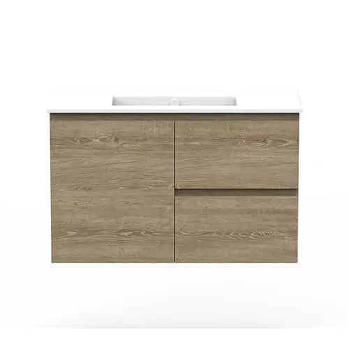 Modern bathroom vanity with light wood finish, white countertop, and integrated sink.