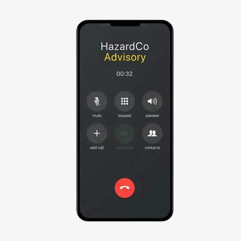 Smartphone screen showing an incoming call from HazardCo Advisory at 00:32 with standard call control options displayed.