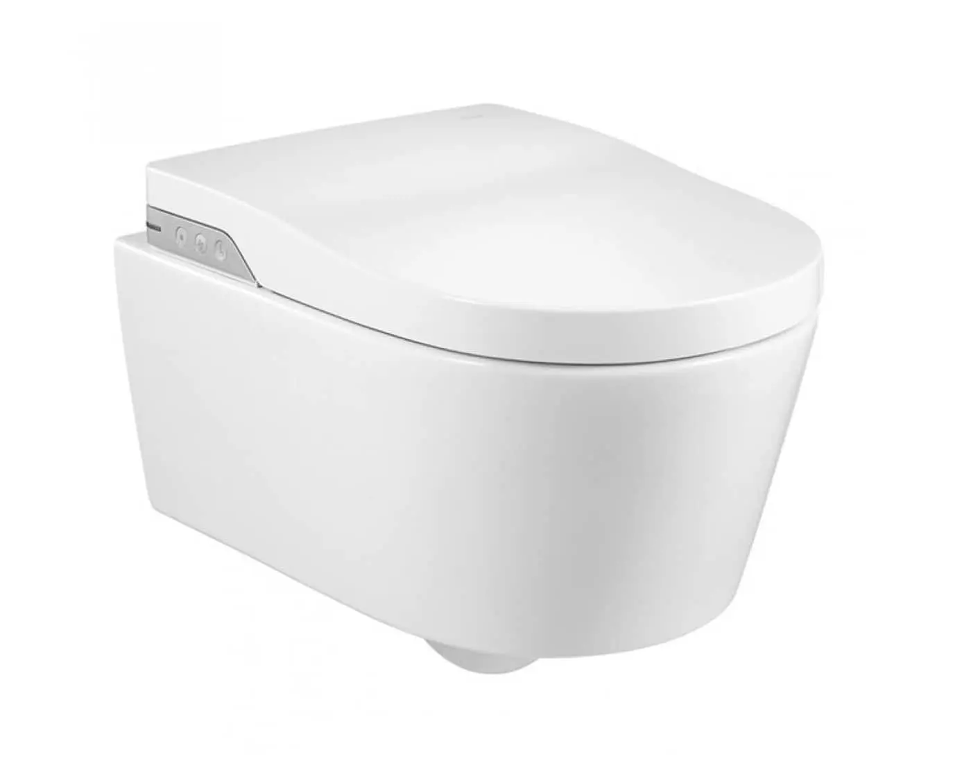 Modern white wall-mounted smart toilet with sleek design and integrated bidet functionality.