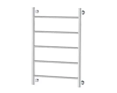 Stainless steel wall-mounted towel warmer with five horizontal bars and mounting brackets.