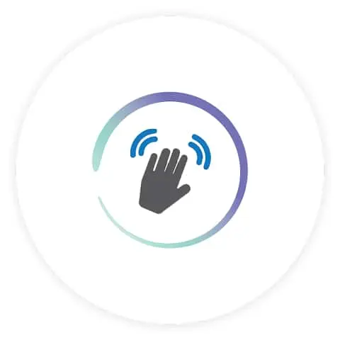 Gray hand icon with blue wireless waves surrounded by a gradient circle from teal to purple.