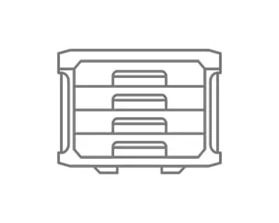 Simple line drawing of a storage cabinet or organizer with four horizontal drawers