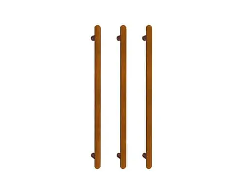 Three Mizu Soothe bronze vertical towel rails with small mounting brackets at top and bottom.