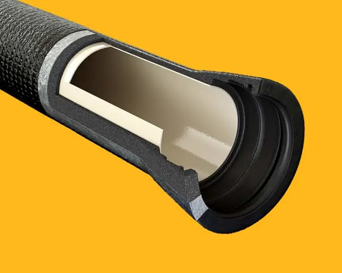 Cross-section of a black pipe showing internal white lining and layered construction against a yellow background.