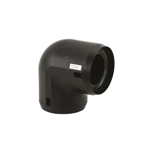 Black plastic 90-degree pipe elbow fitting with a small white label on its surface.