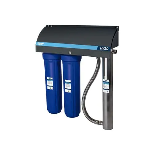 UV20 water filtration system with black top, two blue filter canisters, and metal mounting hardware.