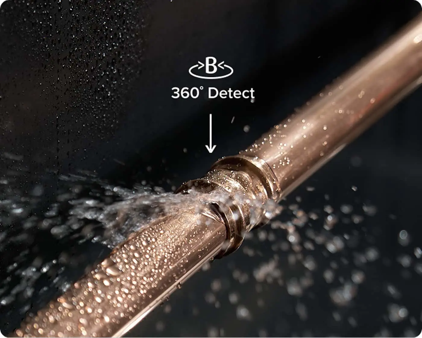 Water leaking from a copper pipe connection with "360° Detect" technology label pointing to the leak area.