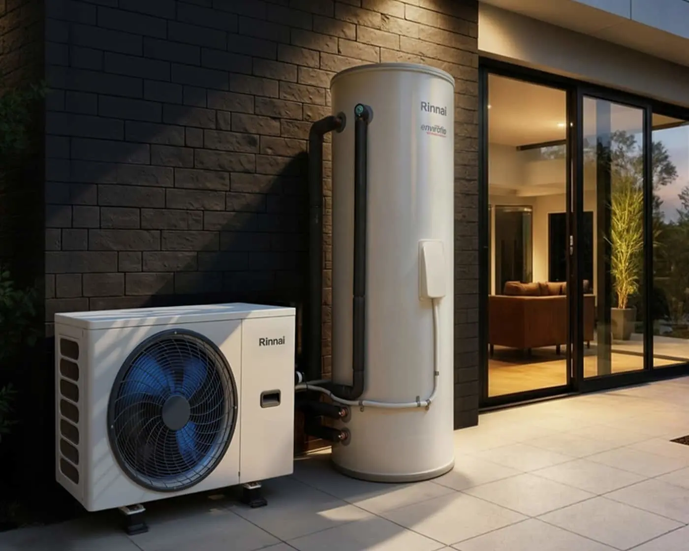 Rinnai heat pump water heater system installed outside modern home with glass doors and stone wall exterior.