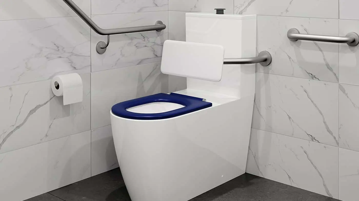 Accessible bathroom with white toilet featuring blue seat, grab bars, and marble-look tile walls.