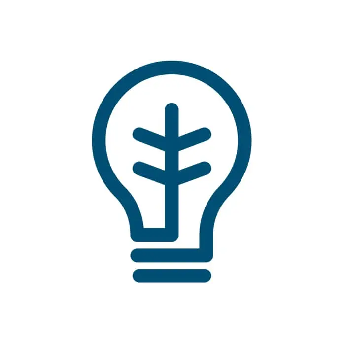 Blue icon of a lightbulb with a plant or leaf design inside, representing eco-friendly or sustainable innovation.