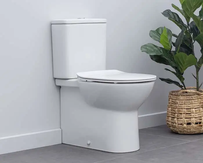 Modern white toilet with closed lid next to a woven basket containing a green leafy plant on gray tile floor.