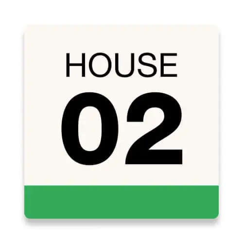 House number sign with "HOUSE 02" in black text on cream background with green bottom border