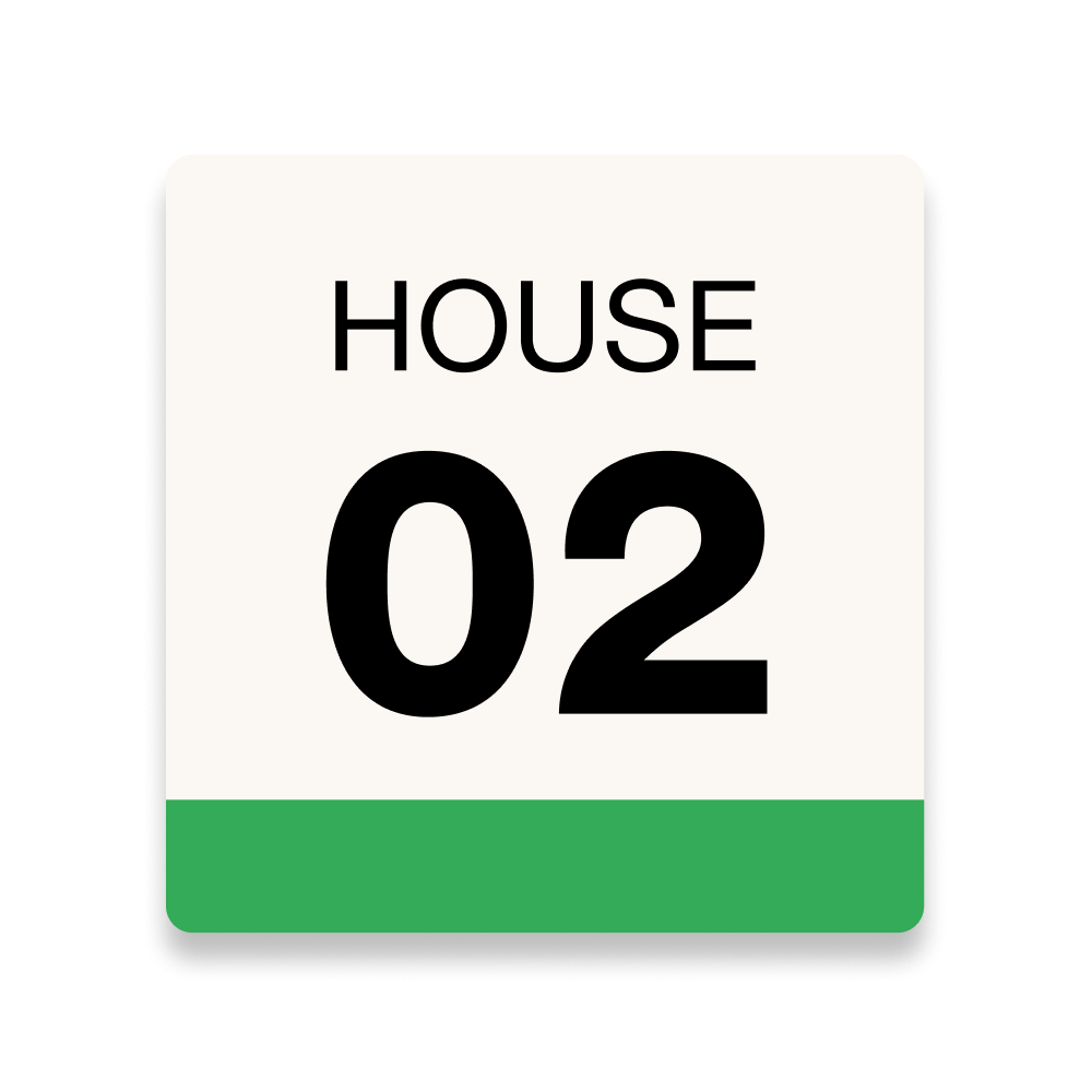 House number sign with "HOUSE 02" in black text on cream background with green bottom border