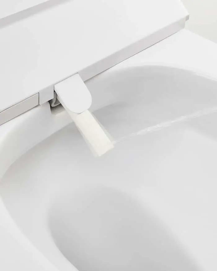 Close-up of a white toilet with a bidet attachment or nozzle extending from under the seat.