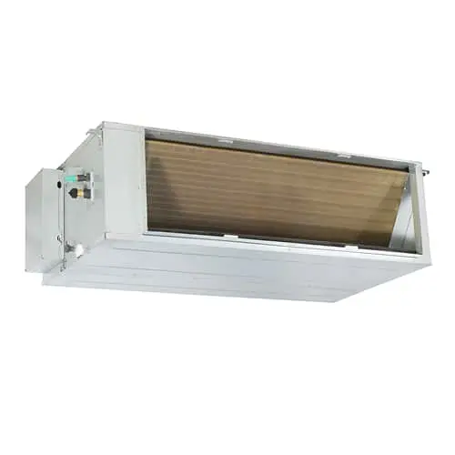 Rectangular duct-type air conditioning unit with metal housing and exposed internal components.