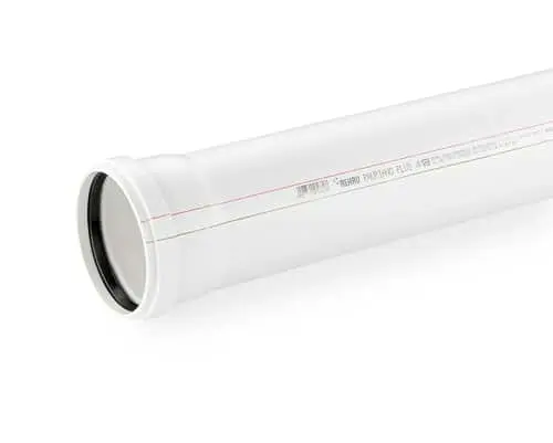 White PVC pipe with black rubber seal ring at one end and printed measurement markings along its length.