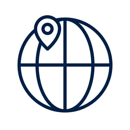 Dark blue icon of a globe with grid lines and a location pin marker positioned at the top left section.