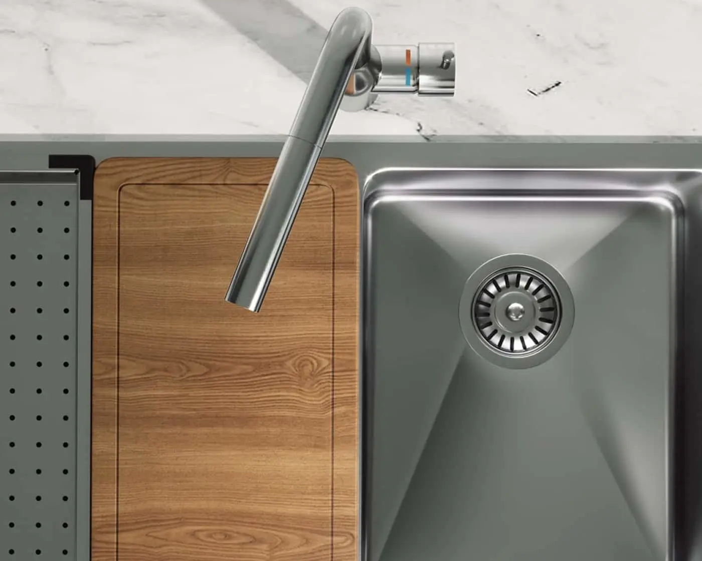 Modern kitchen sink with stainless steel faucet, wooden cutting board, and marble countertop.