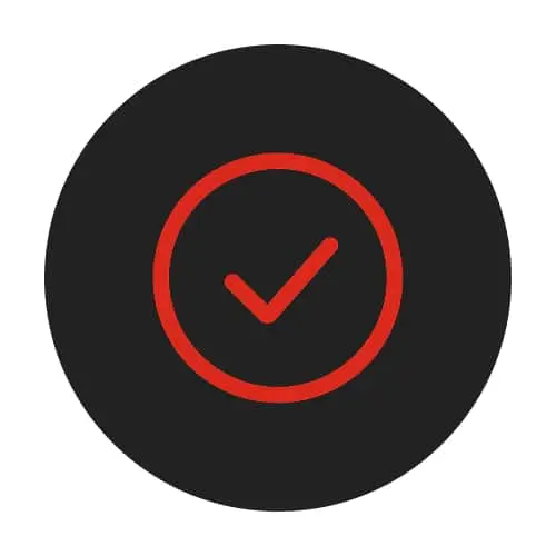 Red checkmark icon inside a circle on a black circular background.