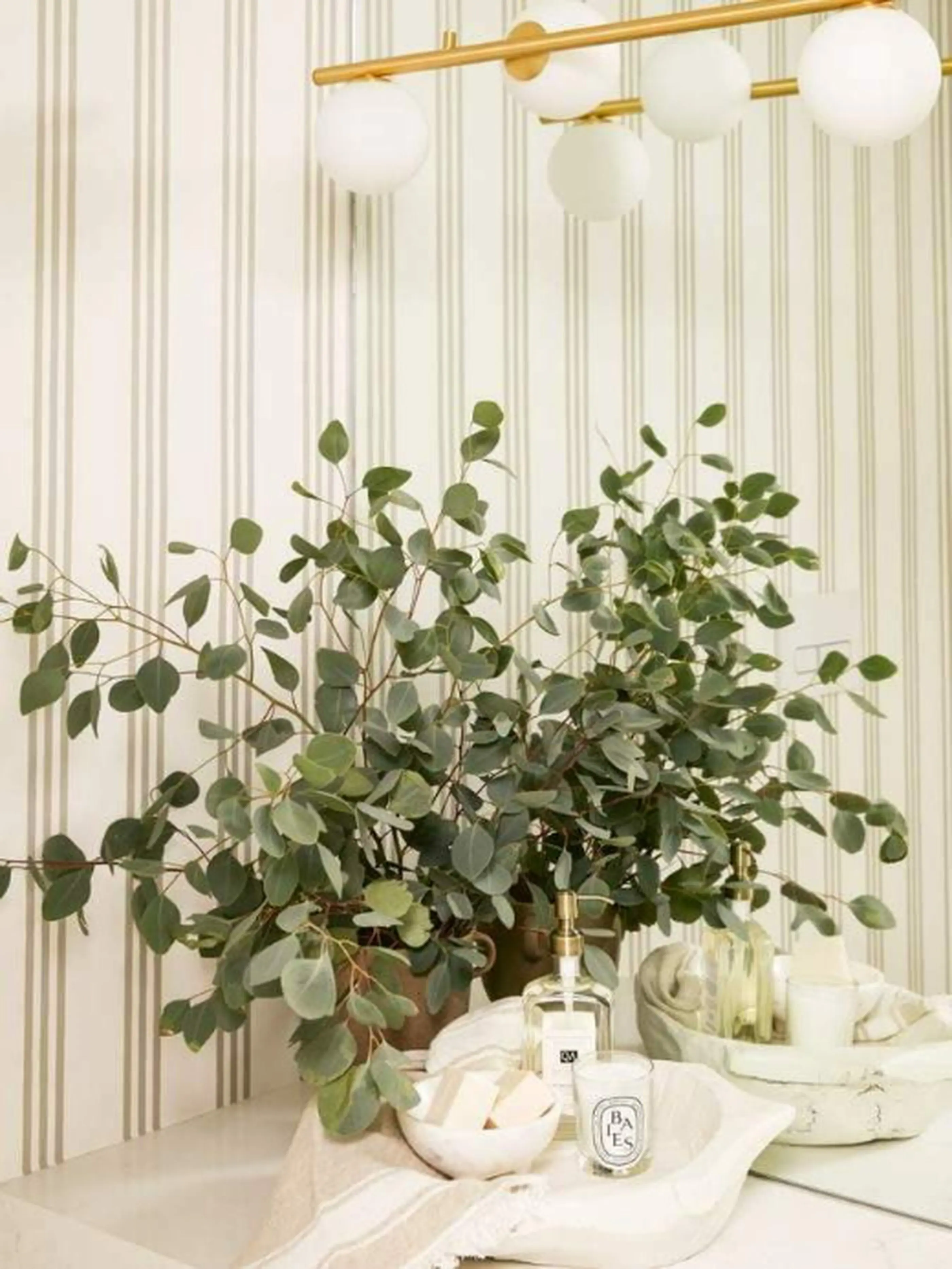 Eucalyptus plant in copper pot with candle and bathroom items beneath gold light fixture with white globes.