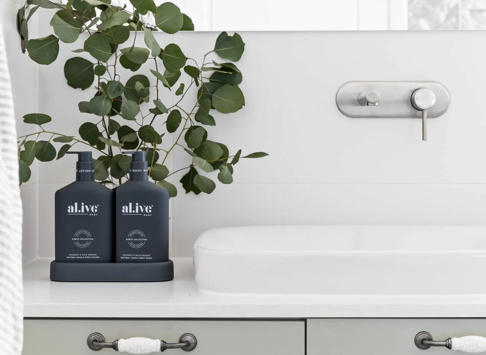 Modern bathroom sink with two black al.ive body product dispensers, eucalyptus plant, and minimalist wall-mounted faucet.