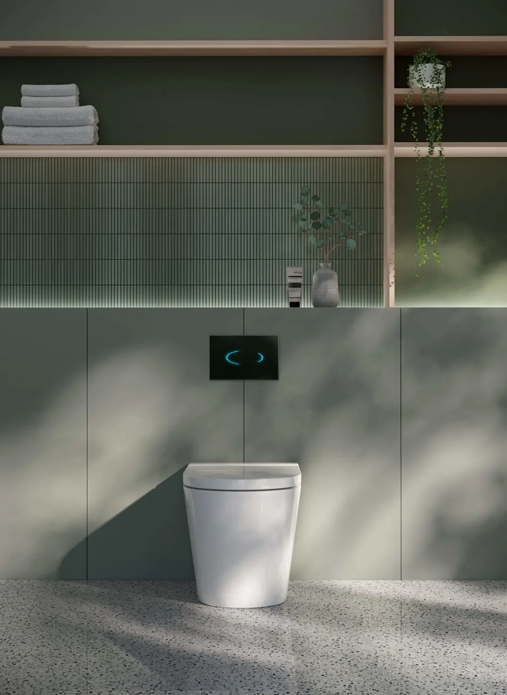 Modern bathroom with white toilet, green tiled wall, wooden shelving with folded towels and hanging plant.