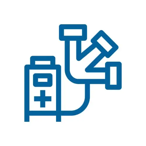 Blue line icon of equipment showing a pipes connected to central box.