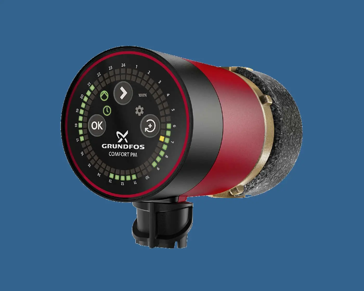 Grundfos Comfort PM water pump with digital control panel showing OK status and 100% power against blue background.