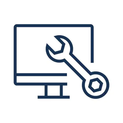 Dark blue line icon of a computer monitor with a wrench tool, representing technical support or system maintenance.