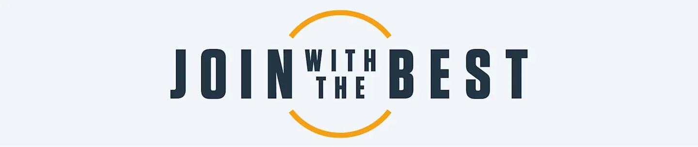 "JOIN WITH THE BEST" text in dark blue letters with an orange circular arc above and below the phrase.