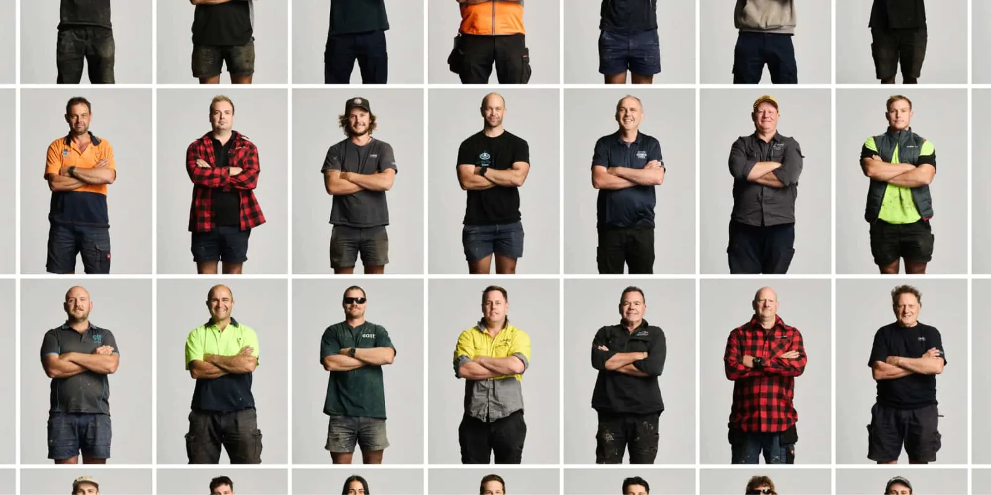 Grid of workers in various work attire including hi-vis, plaid shirts, and uniforms, all standing with arms crossed.