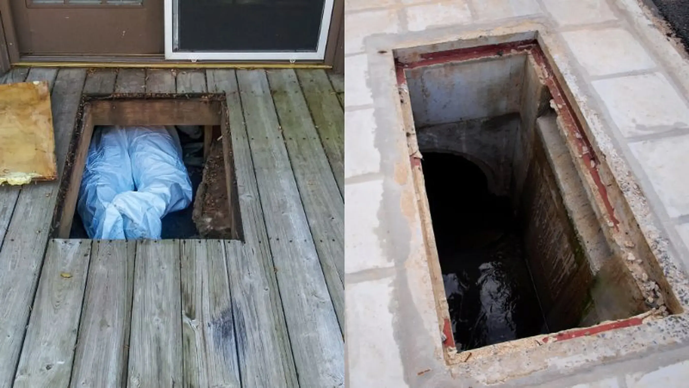 Split image showing a person in protective gear accessing a crawlspace on left, and an empty access hatch on right.